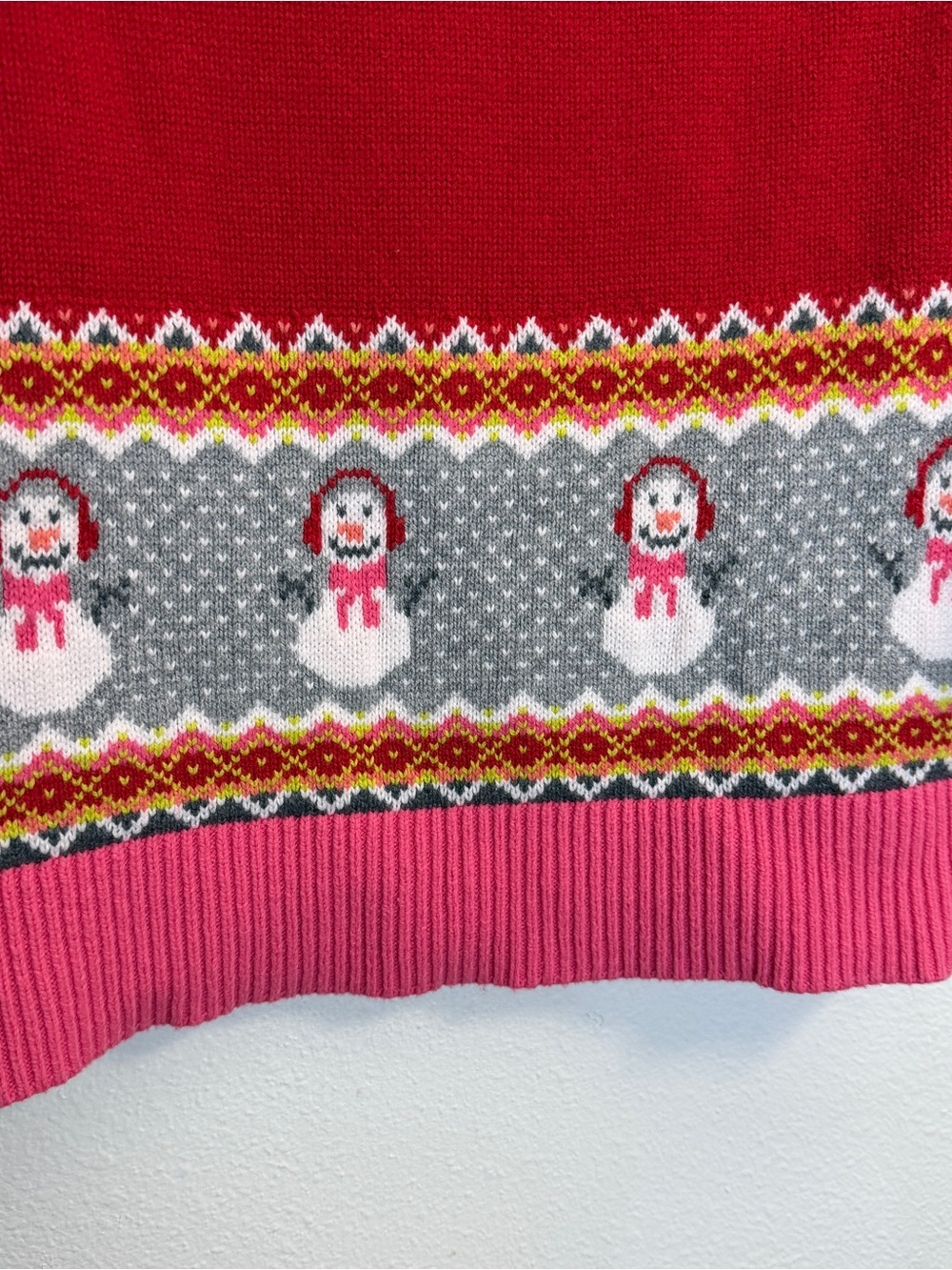 Lands' End Red Knit Tunic Sweater/ Dress, Pink Trim & Snowman Fair Isle M 10/12 - Picture 6 of 8